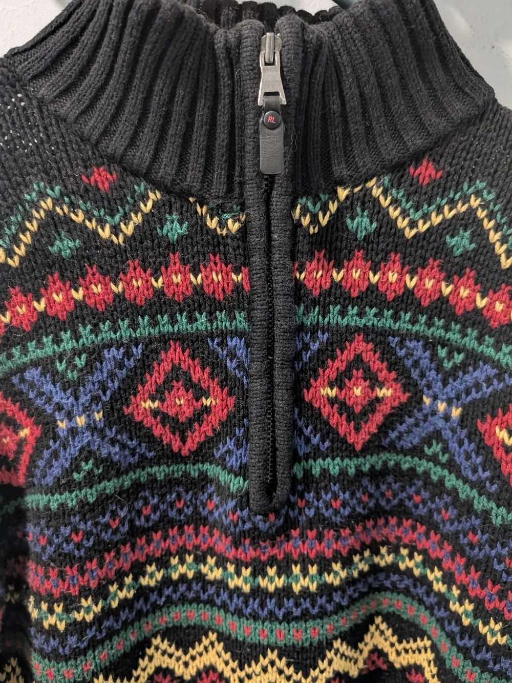 VTG Polo Ralph Lauren Youth XL Aztec Fair Isle Half Zip Sweater Black Cotton